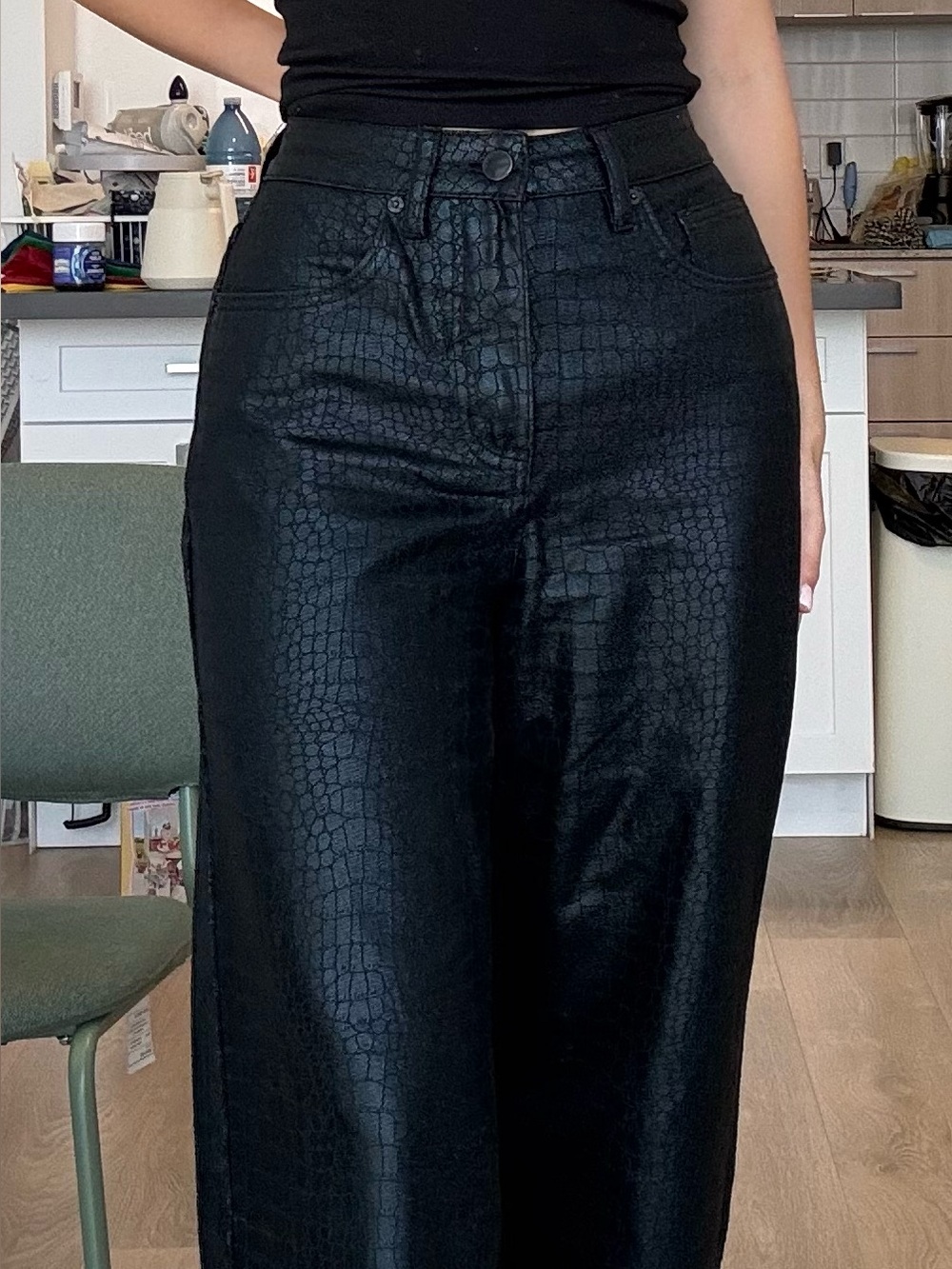 High-Rise Black Croc-Embossed Wide Leg Pants